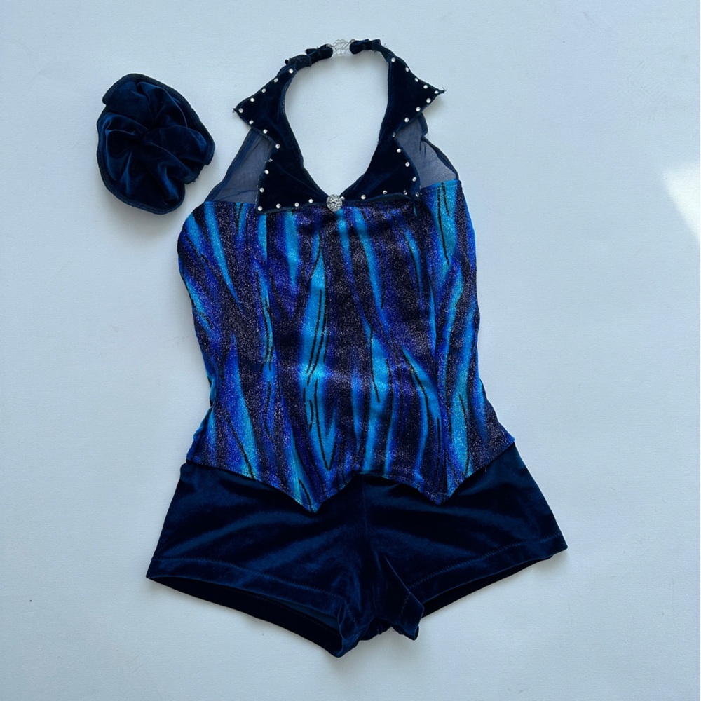 Figure Skating/Dance Wear - Halter Short One Piece-Blue-Scrunchie- Size 12 (Est)